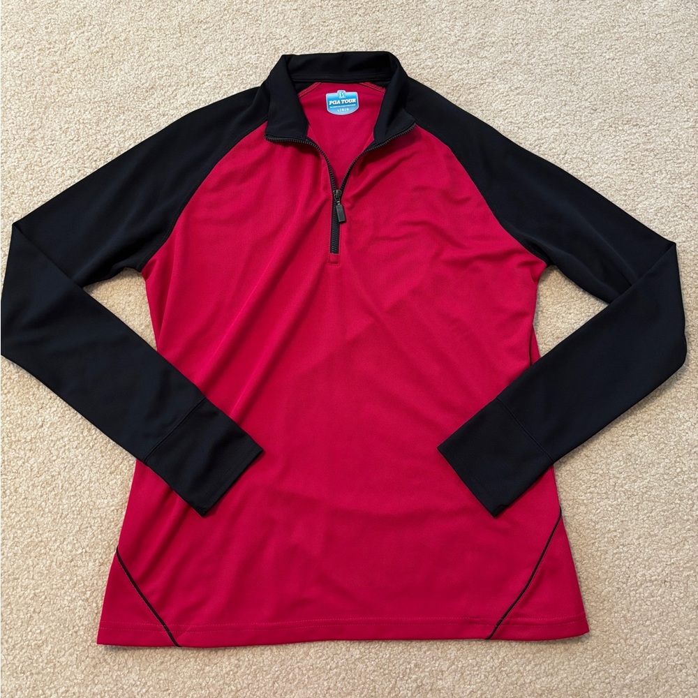 PGA TOUR Red and Black Quarter-Zip Athletic Pullover Size Large